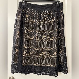 #x769 Metrowear Black Lace Beige Lining Embroidered Stretch Waistband Midi Skirt